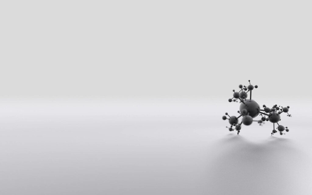 Minimalist 3D black molecular structure on clean white background professional scientific wallpaper