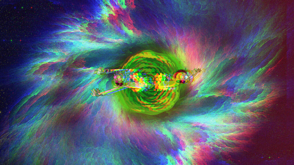 Psychedelic Gateway: Vibrant Swirls in the Rick and Morty Universe Wallpaper