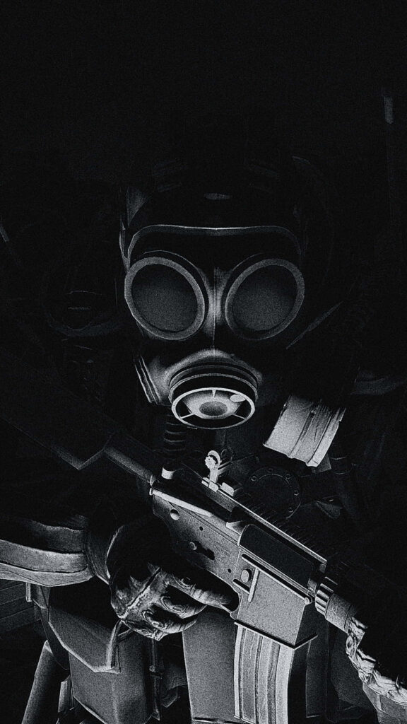 Monochrome Mayhem: A Gas Masked Soldier Dominates the Counter-Strike Global Offensive Android Wallpaper