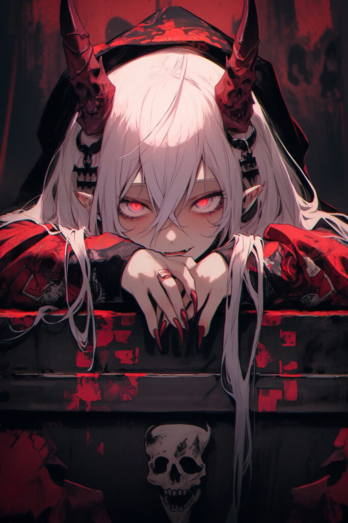 Dark Artistic Wallpaper: Girl with Horns and Skull Hood Design