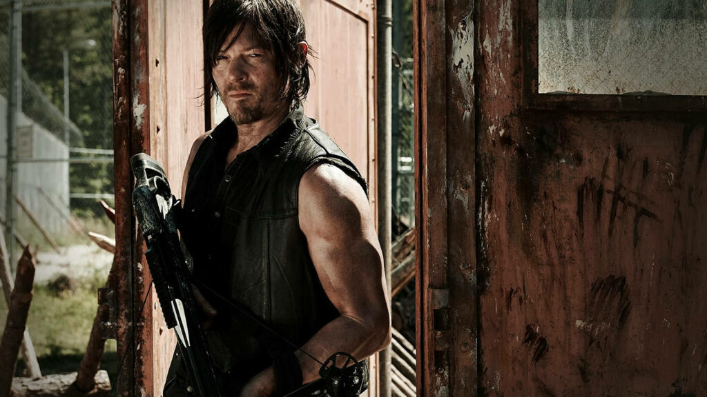 Daryl Dixon Wallpaper: Rugged Crossbow Hero by Weathered Door