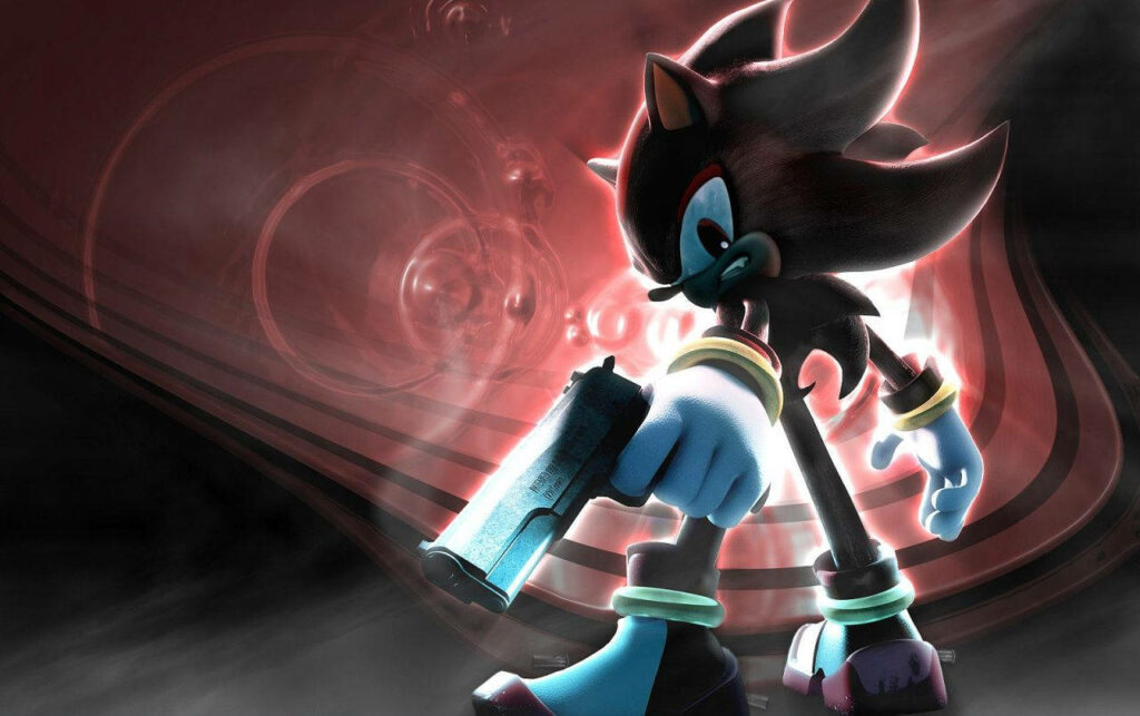 Red-Hued Abstract Illustration: Enigmatic Dark Sonic Engages with Firearm in Digital Artwork Wallpaper