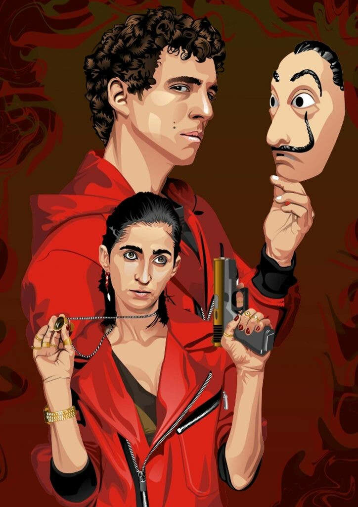 Money Heist's Nairobi, Rio, and the Dali Mask: A Captivating Digital Fan Art Creation Wallpaper