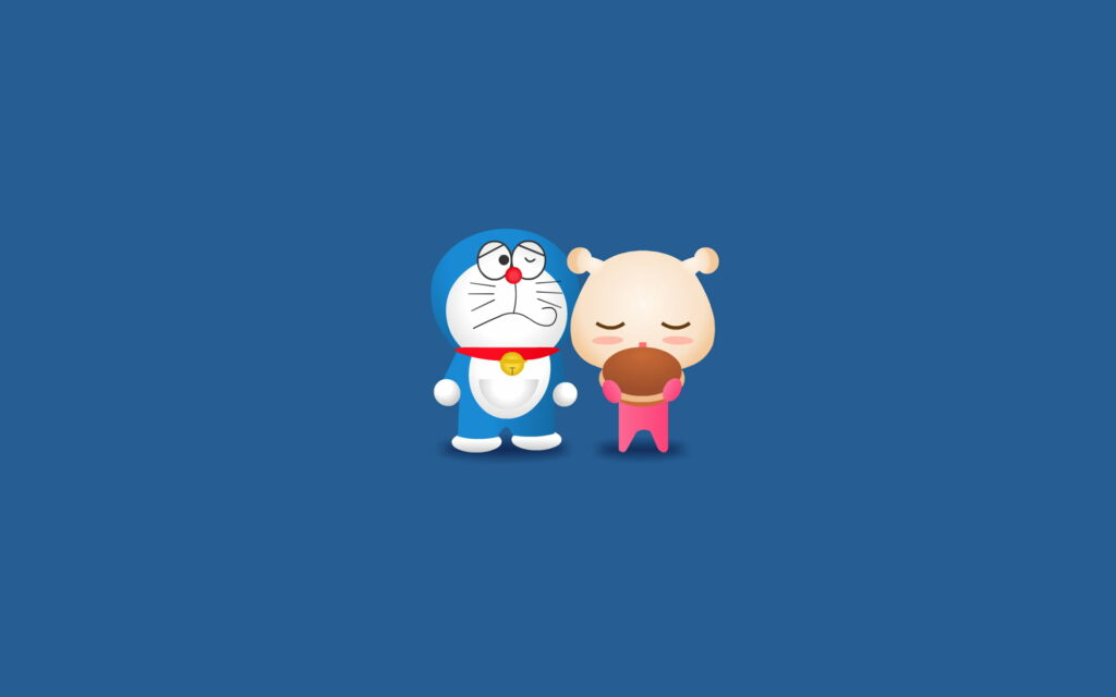 Minimalist Doraemon and chibi friend snacking on dorayaki HD wallpaper blue background cartoon