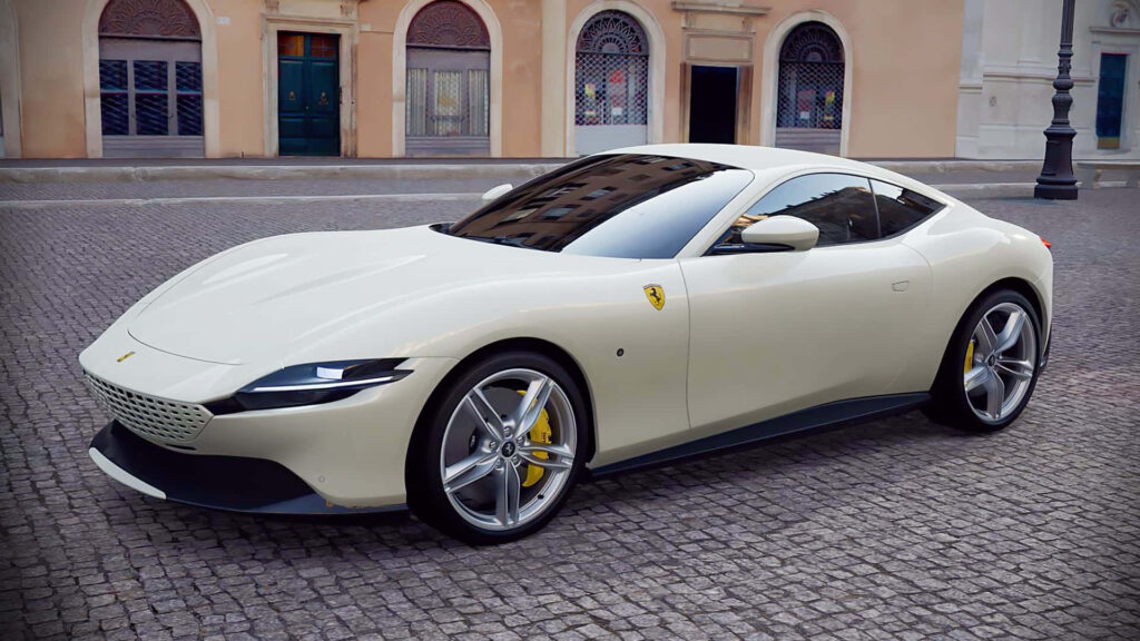 Speed and sophistication embodied: Unveiling the glamorous allure of the Ferrari Roma in a captivating background image Wallpaper