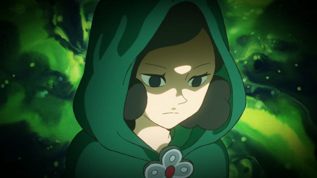Evil Miranjo Wallpaper: Intense Anime Art on Dark Green Background