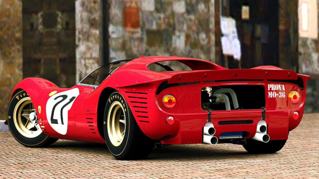 Captivating Red Beauty: Ferrari 330 with Stunning Ducktail Spoiler - A Striking Background Image Wallpaper