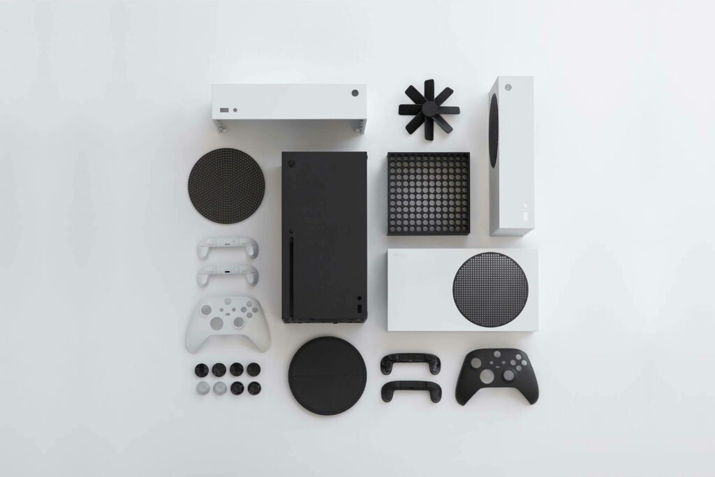 Xbox Series X Console, Controllers, and Surround Sound System in a Mesmerizing Flat Lay Image Wallpaper