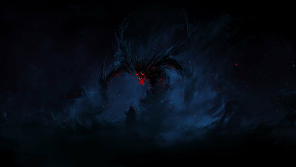 Sinister Demon Confrontation in Chaotic Fractal Abyss - Dark Fantasy Art Image Wallpaper