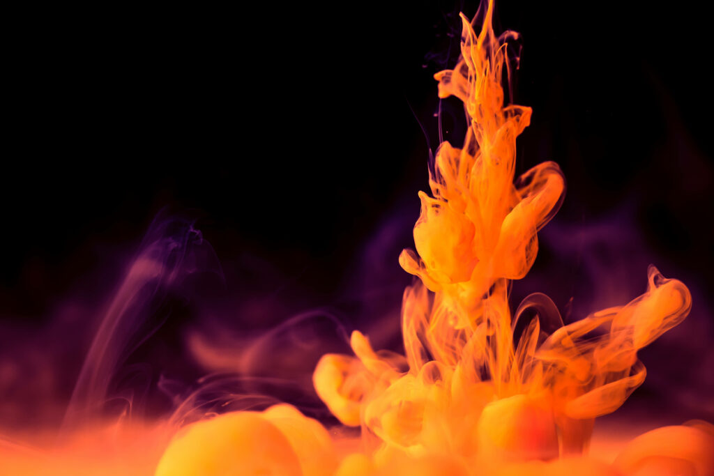 Fiery Ascension: Vibrant Orange Smoke Surging Through the Depths, Uniting with Black and Purple Abstraction Wallpaper
