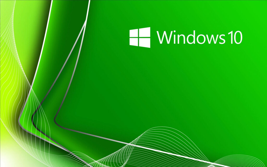Vibrant green Windows 10 wallpaper with fluid white waves and modern layered curves design