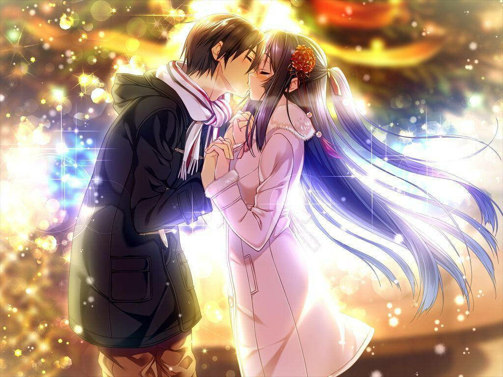 Passionate Embrace: Abstract Love Painting Engulfs Anime Duo in a Kiss Wallpaper