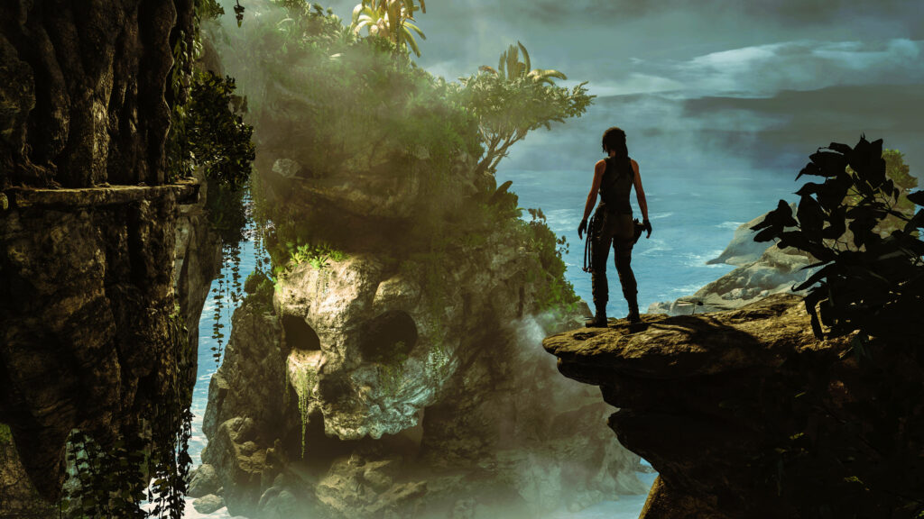 Majestic Lara Croft Standing at the Brink, Gazing into the Abyss of Skull Cave - Epic Shadow of the Tomb Raider Background Wallpaper