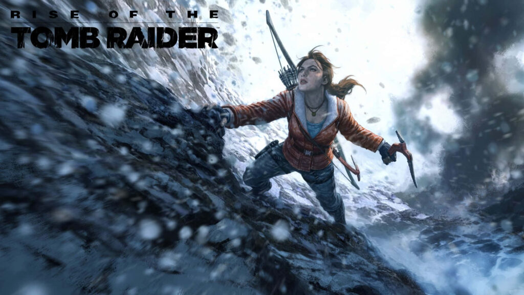 Conquering the Elements: Lara Croft Ascends Snow-Covered Peak in Rise of the Tomb Raider Wallpaper