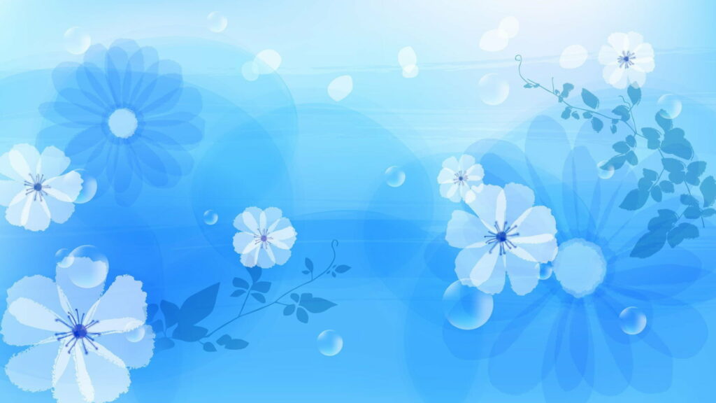Calming blue floral HD wallpaper with delicate light blue petals soft bubbles and leafy accents