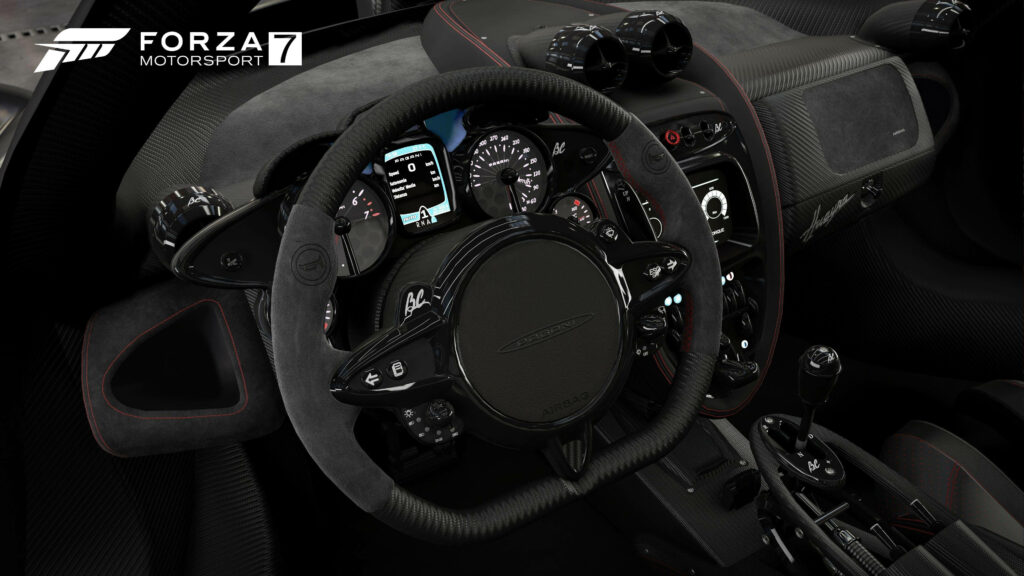 Luxurious Pagani Huayra Cockpit Captured in Forza Motorsport 7's Glamorous Setting Wallpaper