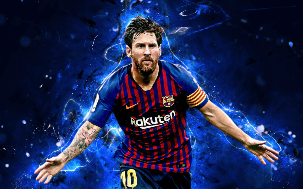 Mesmerizing Messi: A Stunning 2020 Tribute to the Soccer Superstar Against a Striking Abstract Sky Wallpaper