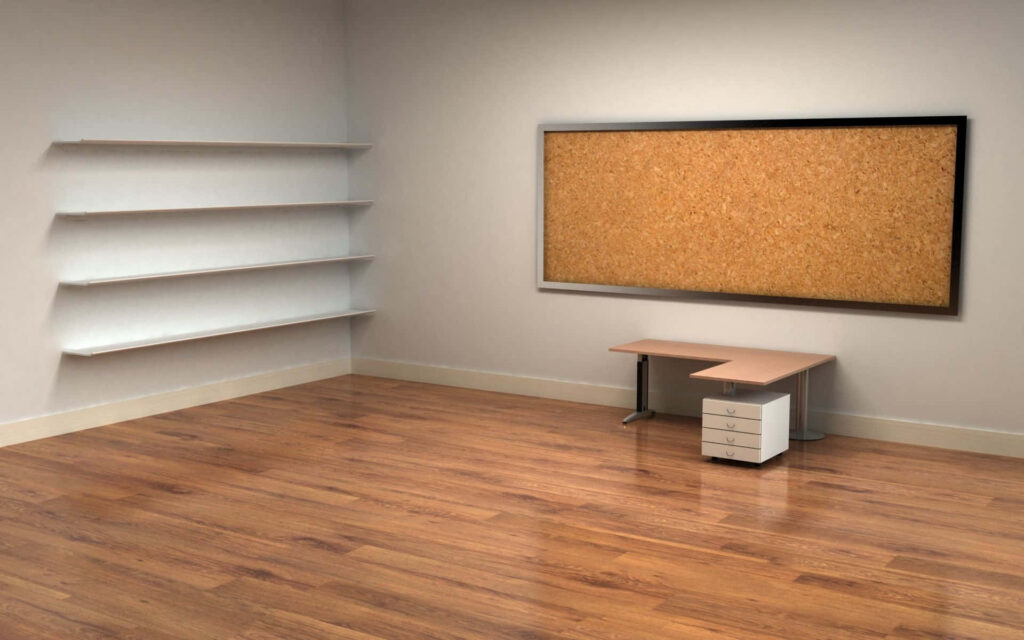 Minimalist Workspace: An Empty Room with a 3D-Rendered Desk and Corkboard Wallpaper