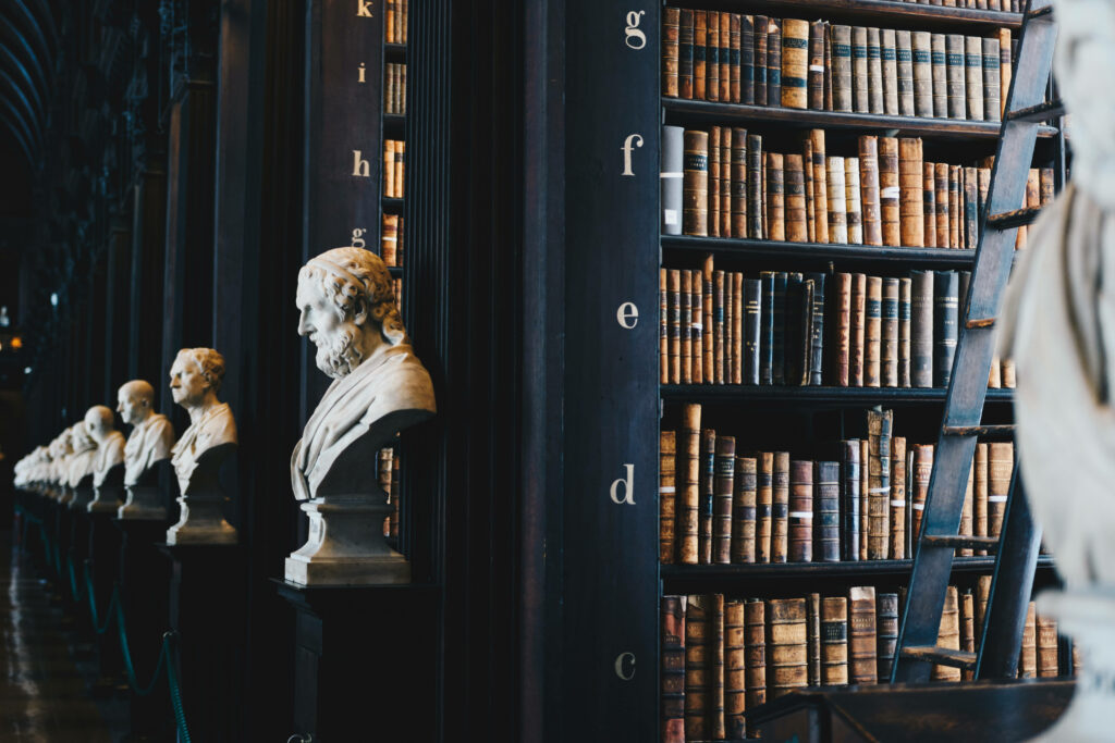 Library Magic: Marvel at the Statue's Mirror Reflection amidst Bookshelf Splendor Wallpaper