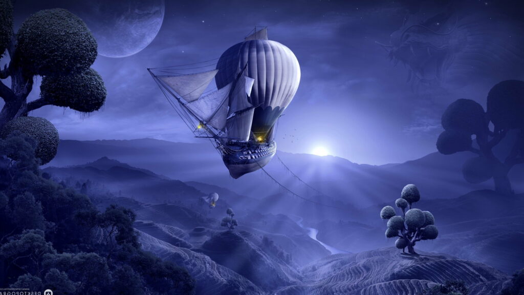 Luminous Serenade: A Dazzling Journey through Moonlit Waters - Floating Ship in the Sky at Night Wallpaper