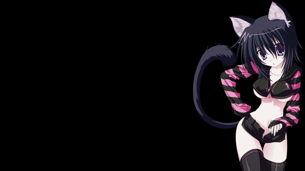 Captivating Neko Girl Anime Wallpaper with Bold Stripes & Dark Aesthetic