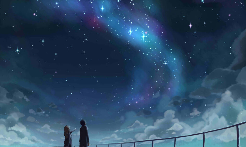 Melancholic Serenade Under a Blue Aurora Sky: Your Lie in April Night Anime Wallpaper