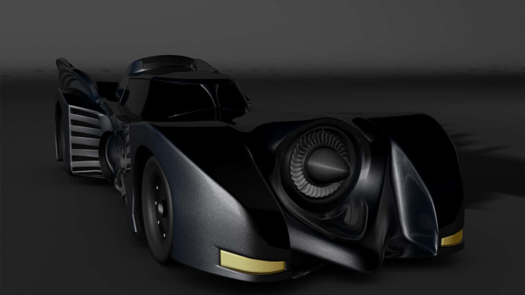 Gleaming in the Night: A Pristine Batmobile Commands an Enigmatic Urban Landscape Wallpaper