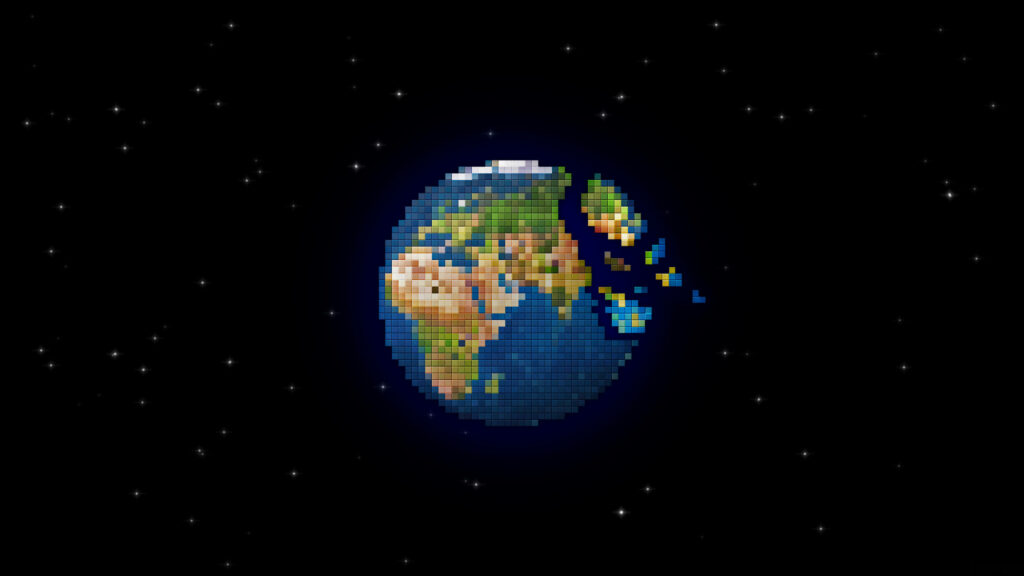 Interstellar Cataclysm: Enthralling Pixel Art of Earth Fragmentation in the Abyss Wallpaper