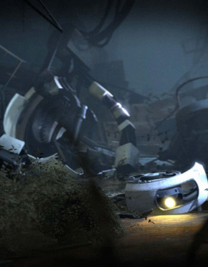 Captivating Portal 2 Wallpaper: Dimly Lit Post-Apocalyptic Scene