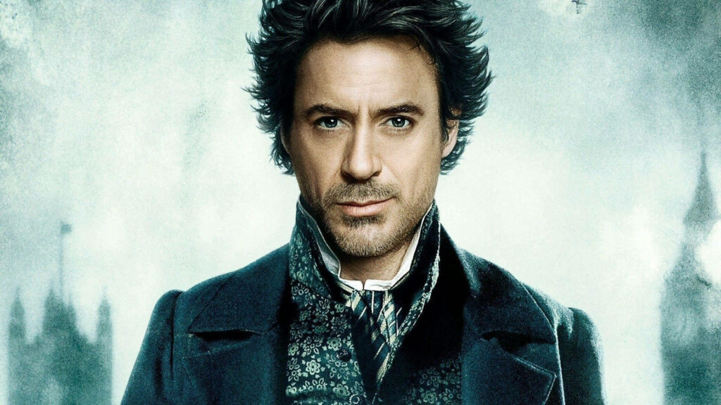 Intense RDJ as Sherlock Holmes: Captivating Atmospheric Wallpaper