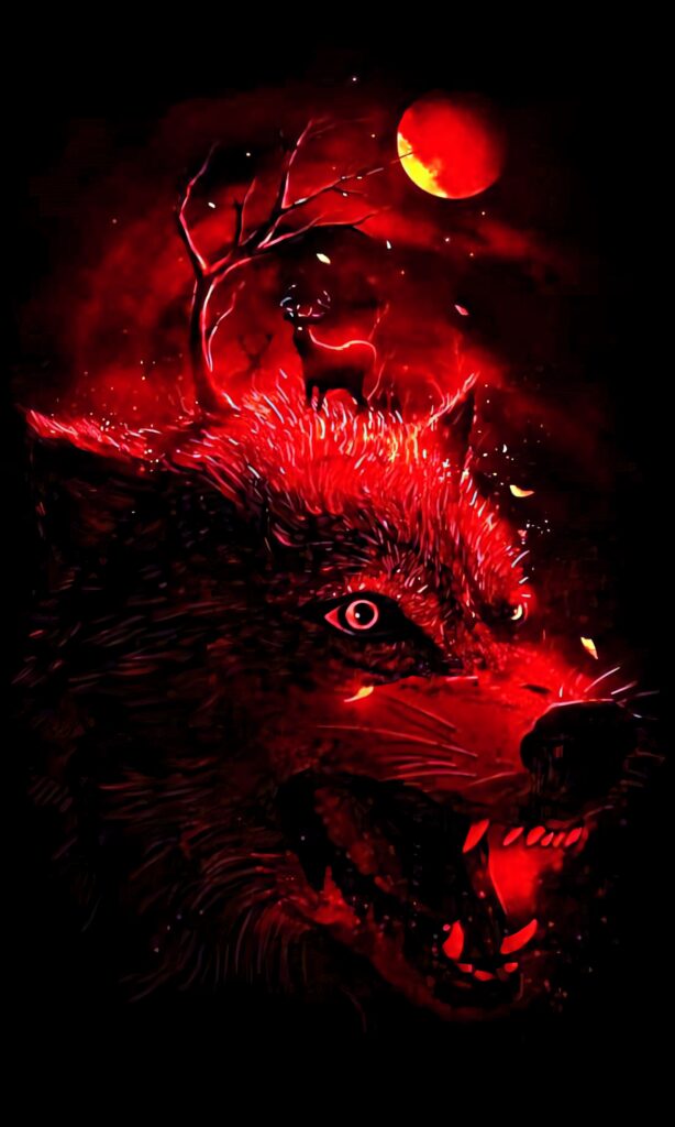 Vibrant Red Wolf Wallpaper with Fiery Gaze and Mystical Moon Background