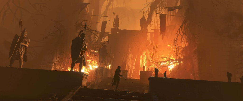 Exploring the Enigmatic Lost City: Stunning Rise of the Tomb Raider 3440x1440p Background of Lara Croft's Adventurous Run Wallpaper