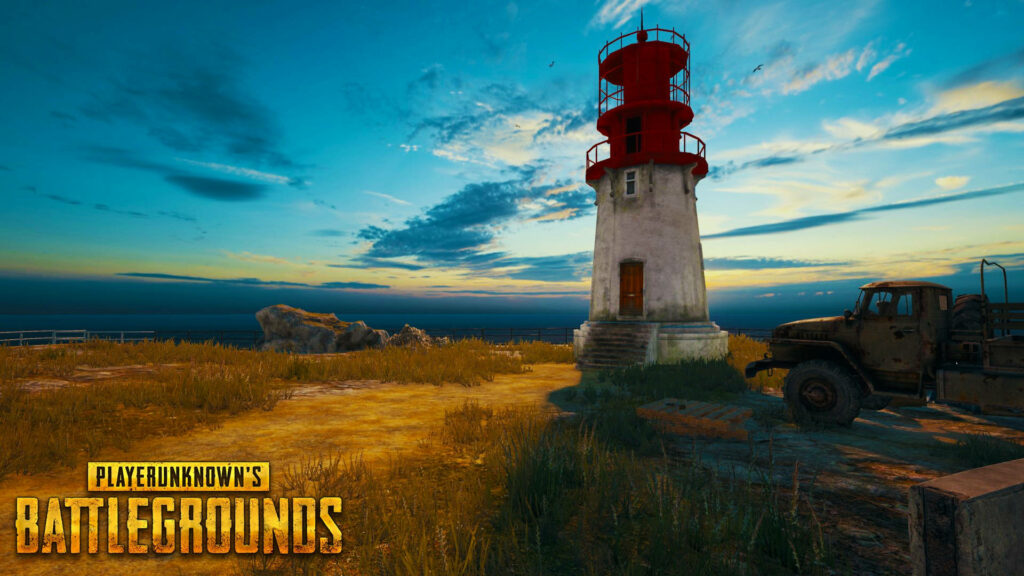 PUBG Erangel wallpaper with red lighthouse vintage truck and vibrant sunset coastal landscape