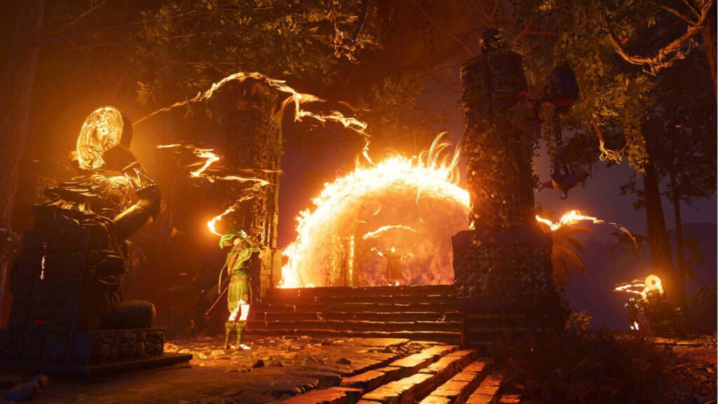 Flaming Gateway: A Captivating Shadow of the Tomb Raider Visual Wallpaper