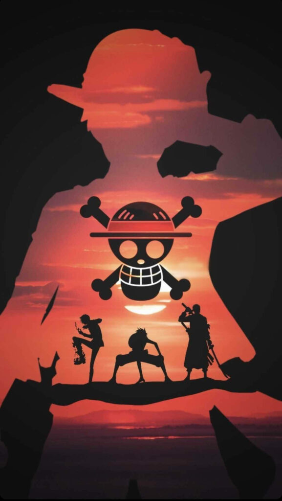 Dynamic Silhouettes: One Piece Characters Strike a Pose against a Vibrant Red Sunset - Aesthetic iPhone Wallpaper