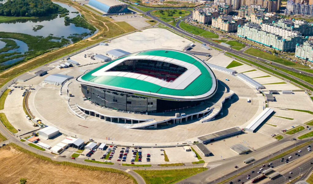 Kazan's Spectacular Ak Bars Arena: A Majestic View of Russia's Enormous Daytime Arena Wallpaper