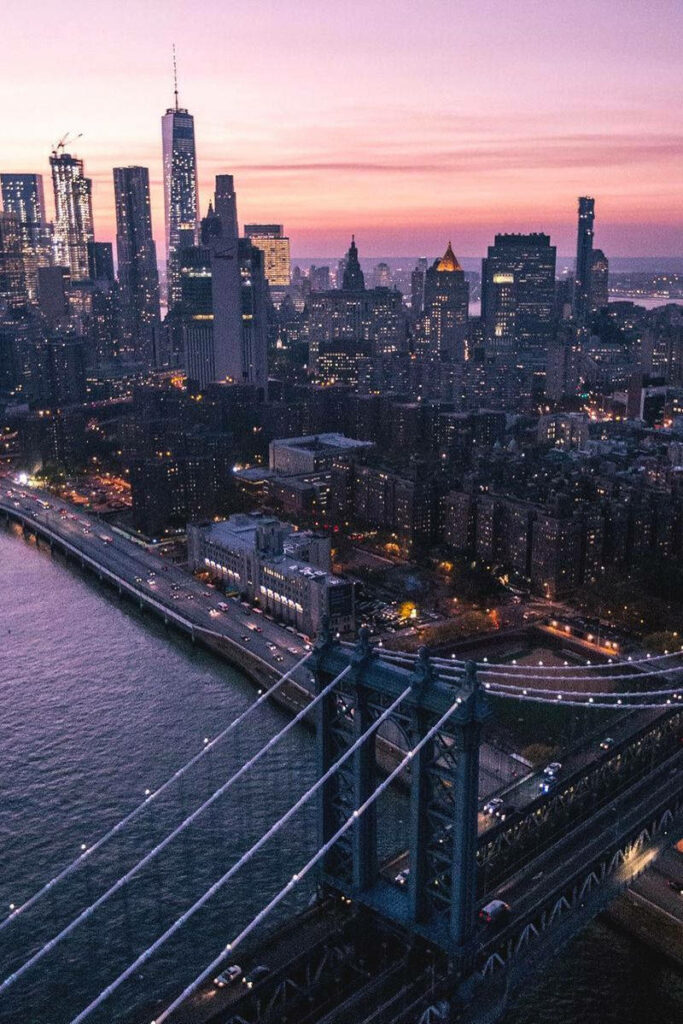 Sky High Splendor: Captivating Horizon of Manhattan and Brooklyn Bridges Embracing the Hudson River - Enchanting New York Aesthetic Skyline Wallpaper