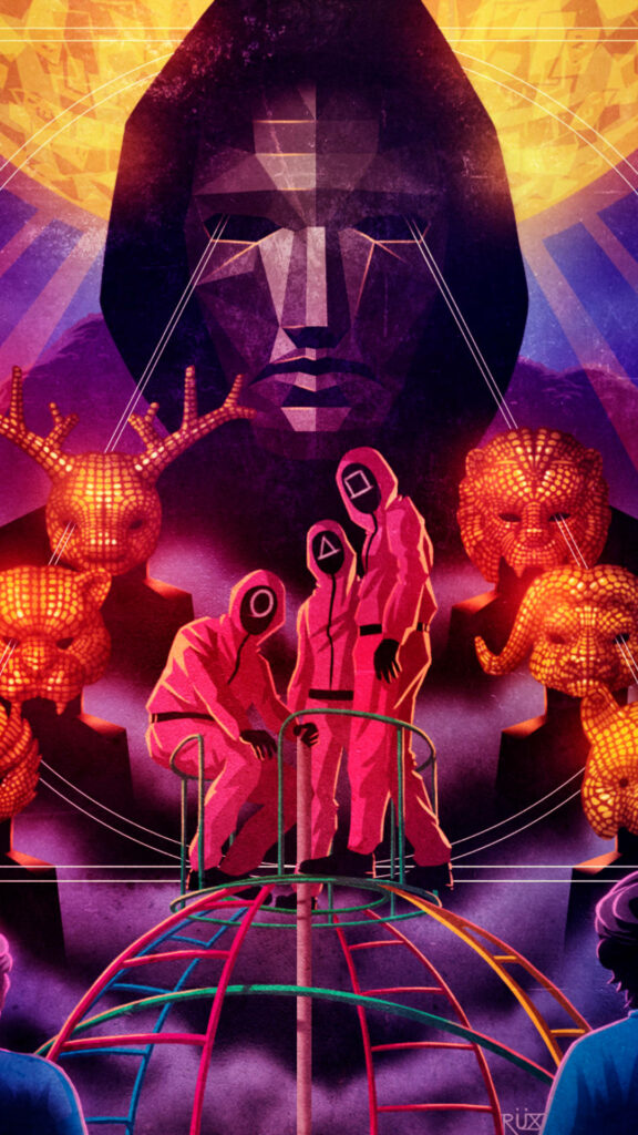 Three Masked Participants Enthralled beneath Front Man's Dominance – Captivating Squid Game Vector Art Wallpaper