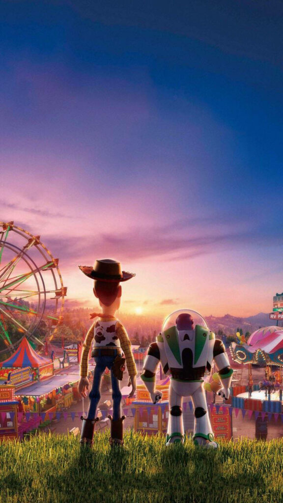 Sunset Serenity: Toy Story 4's Woody and Buzz Embrace the Cool Aesthetic Wallpaper