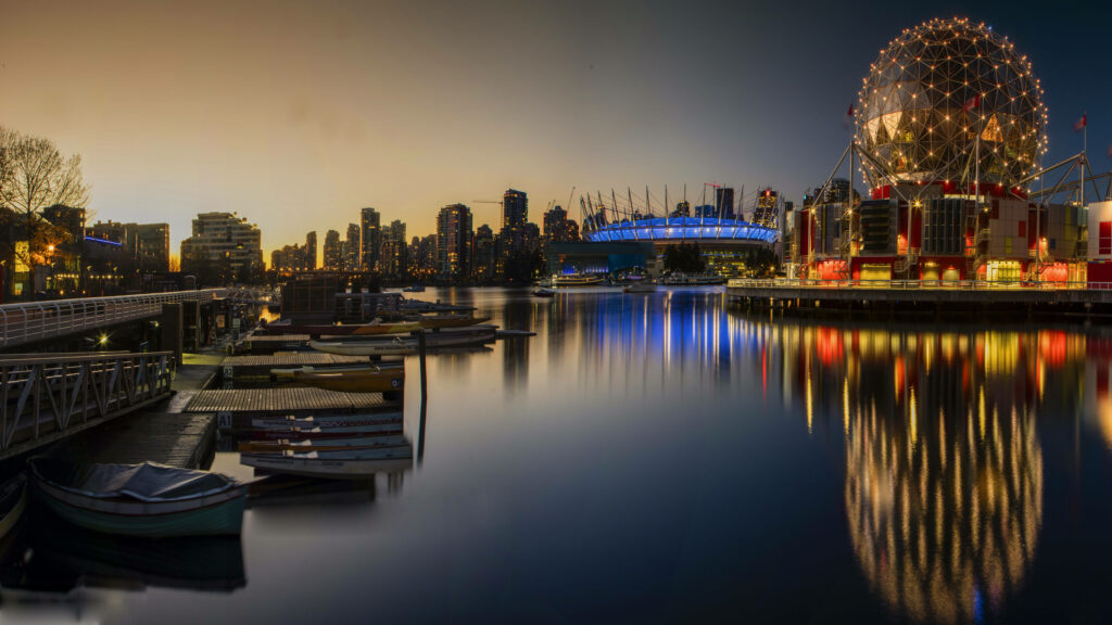 False Creek Cityscape: The Magnificence of Science World in Vancouver Wallpaper