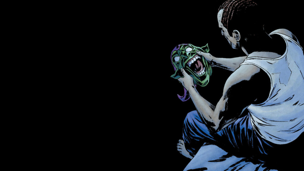 Captivating Wallpaper: Man with Green Goblin Mask in Dark Setting