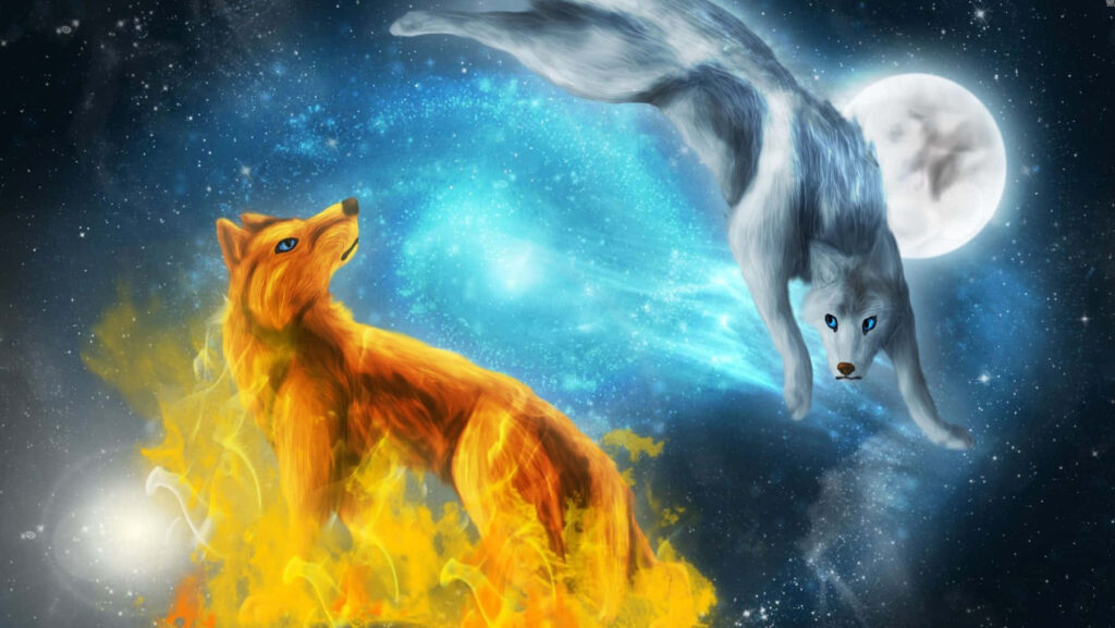 Stunning Wolf Wallpaper: Fire & Water Elements in Celestial Harmony