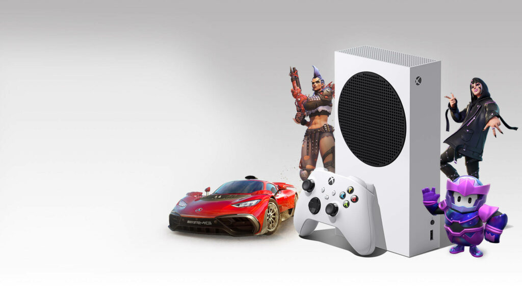 Xbox One X experience amidst iconic game characters on snowy white canvas Wallpaper