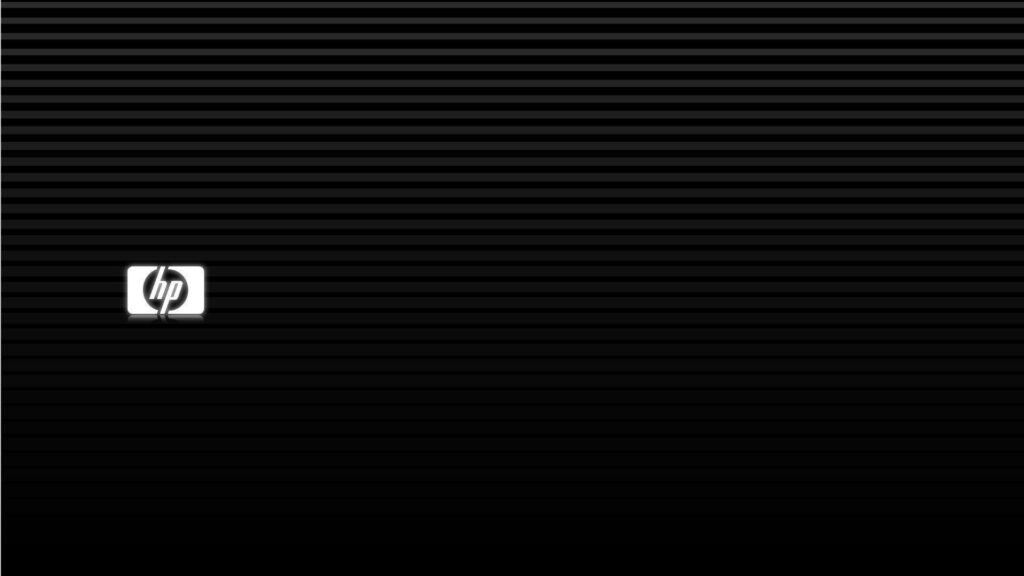 Minimalist HP wallpaper with glowing white logo on black background and subtle horizontal lines
