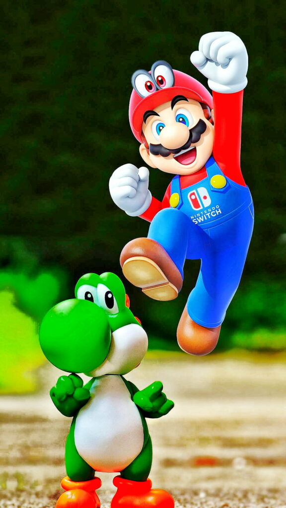 Mario and Cappy jumping over Yoshi in vibrant outdoor Nintendo toy photography wallpaper