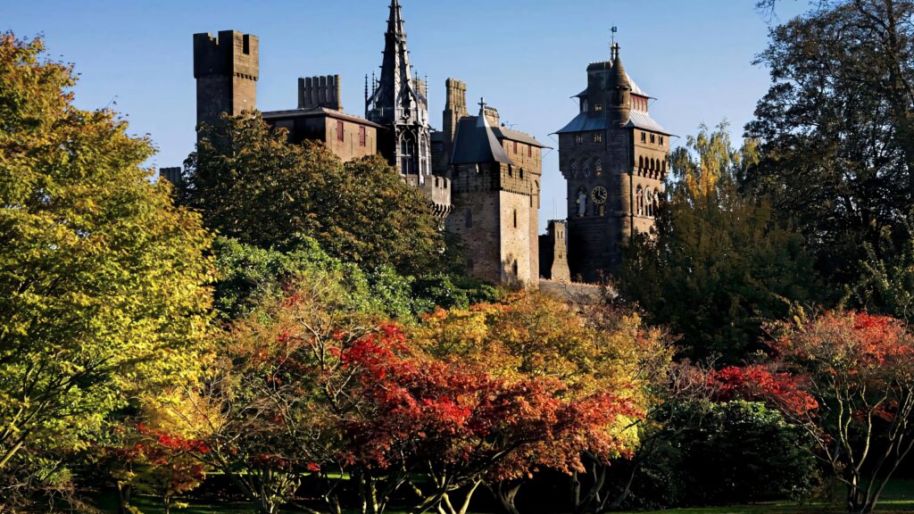 Cardiff Castle surrounded by autumn trees under clear blue sky vibrant historic wallpaper background