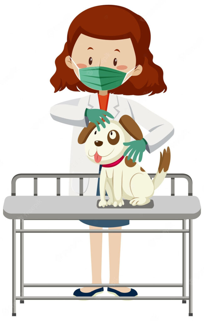 Female veterinarian in white coat examining happy dog on clinic table cartoon wallpaper background