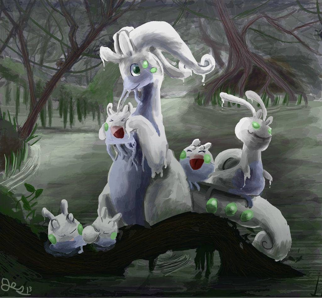 Goodra with Goomy and Sliggoo resting in misty marsh dragon type Pokémon evolution wallpaper