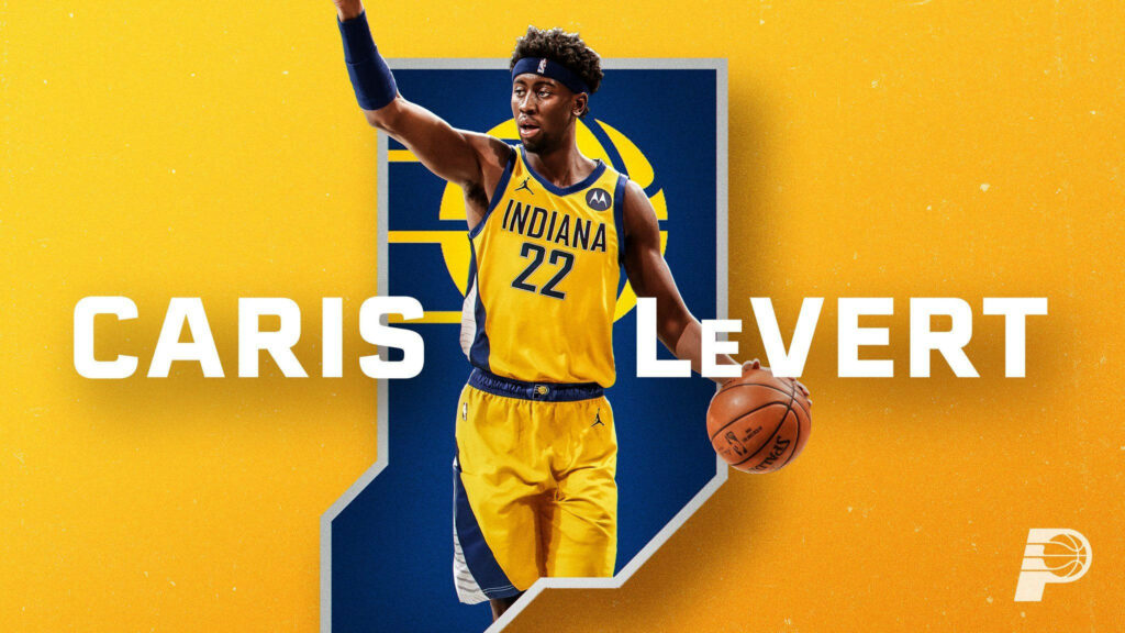 Caris LeVert Indiana Pacers digital wallpaper yellow background Pacers logo Indiana outline