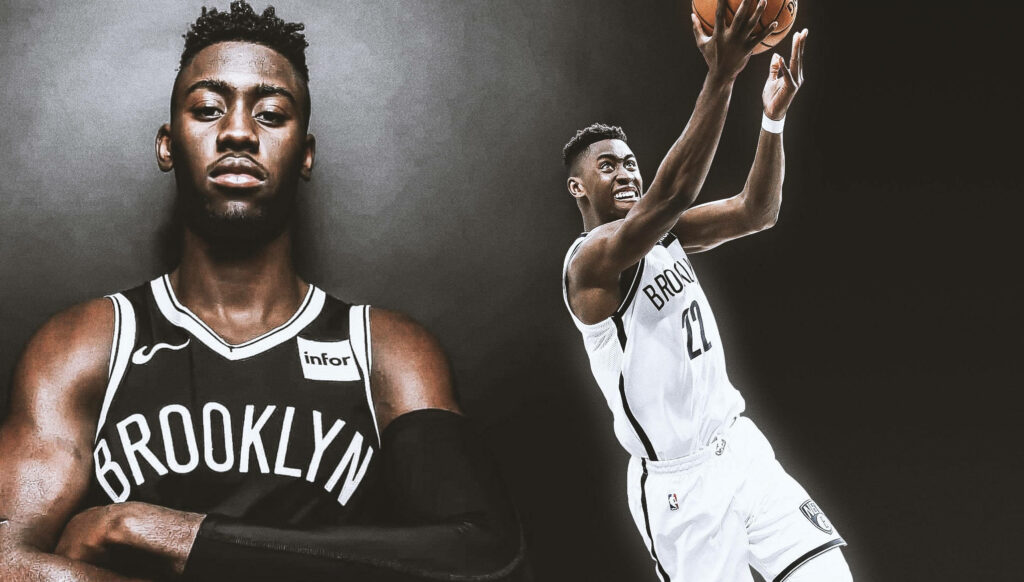 Caris Levert Brooklyn Nets action and portrait wallpaper high contrast sports intensity background